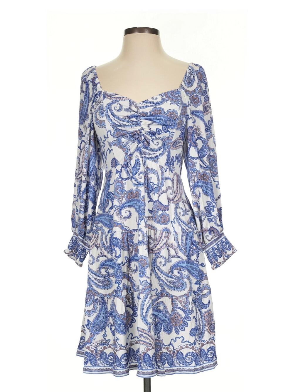 Hale Bob Blue White Paisley Tiered Long Sleeve Mini Boho Dress Sz. S